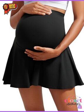 Maternity Flowy Pleated Tennis Skirt with Built-in Shorts and Pockets